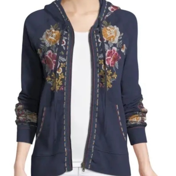 Johnny Was Heavily Embroidered Deep Navy Cherelle Zip Up Front  Hoodie oversized - Picture 4 of 13